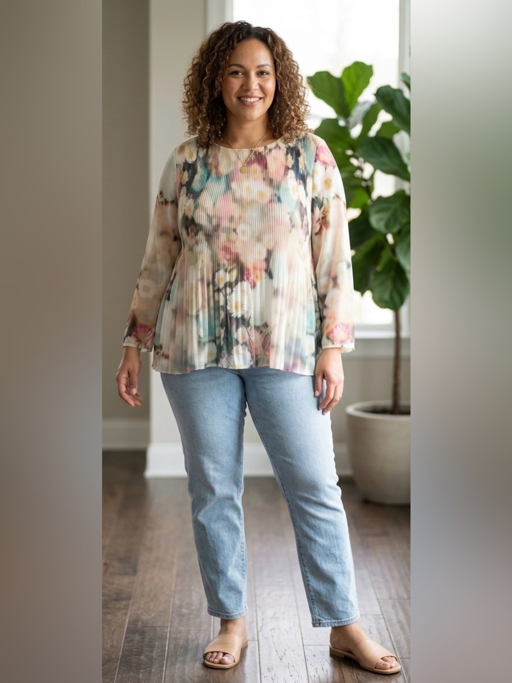 Ted Baker London Accordion Pleated Daisy Floral Sheer Blouse Sz 10-12